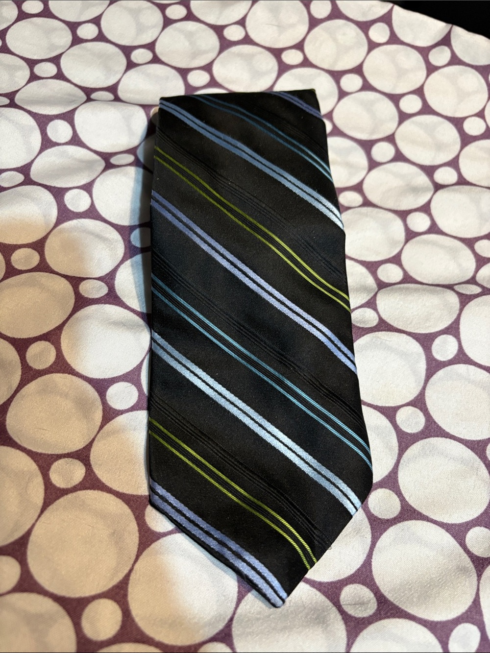 DKNY Black Diagonal Tie with Blue and Green Stripes